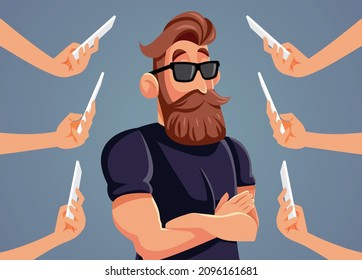 
People Photographing Famous Man Wearing Sunglasses Vector Cartoon. Successful Male Internet Celebrity Having Fans Adoring Him
