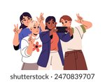 People photography together. Group of diverse friends smile, gesturing with peace sign for selfie. Happy teenagers taking joint photo, picture by phone. Flat isolated vector illustration on white