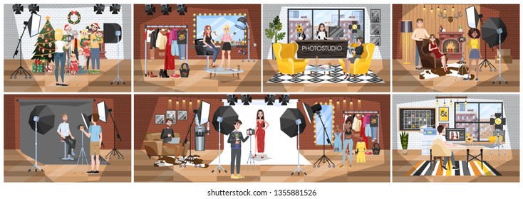 People in the photostudio making photoshoot for memory. Various equipment such as camera and light. Big photostudio building interior. Vector illustration in cartoon style