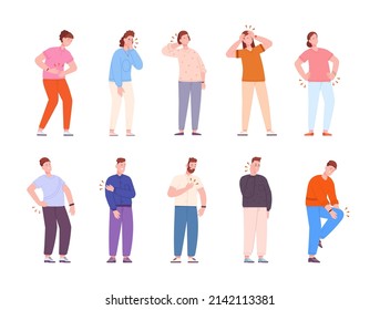 People physical hurt. Woman disease illness leg neck back, person types pain painfulness stomach, ill girl physical injured, ache joints headache, flat vector illustration. Person hurt and pain