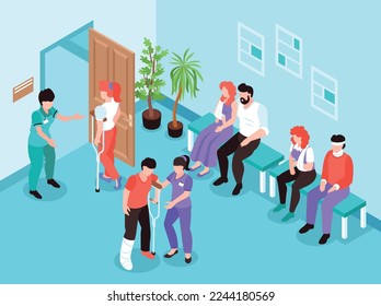 People with physical injury isometric background with patients sitting in line near traumatologist office vector illustration