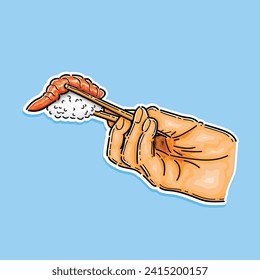 people pick a sushi with chopstick in a blue background illustration design vector