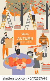 People picking apples. Vector illustrations for the design of flyers and banners. Harvest festival advertising image