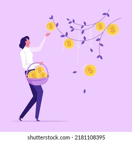 People picking and collecting coins from a money tree, Concept of business success with financial grow, economic profit, increase wealth