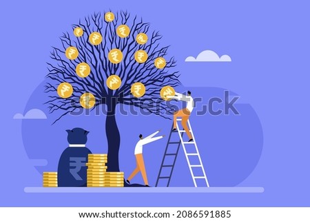 People picking and collecting Indian Rupee coins from a money tree