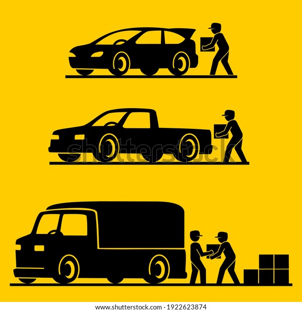 People picking goods on cars transportation by\
car icons vector.