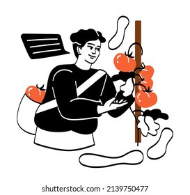 Gente cosechando. Hombre joven recogiendo tomates de la excavación. Agricultura y agricultura. Verduras y productos naturales orgánicos. Hombre con bolsa en el jardín. Dibujo vectorial plano de dibujos animados
