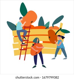 People picking mandarins into wooden crate. Harvesting concept. Agritourism concept. Pick-your-own concept. Fresh fruit concept. Hand drawn vector illustration in abstract flat style