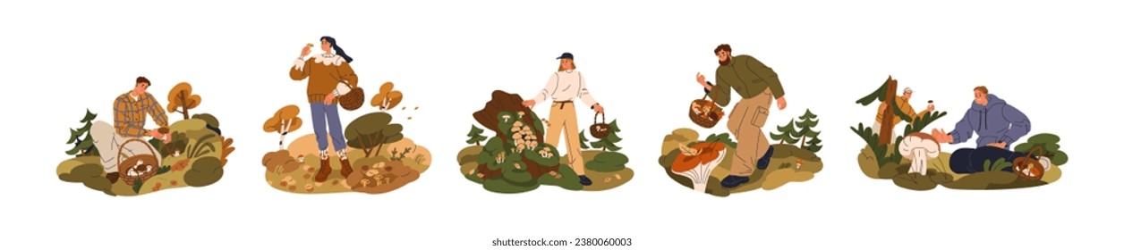 People picking mushrooms in autumn forest. Happy men, women finding fungi, collecting fungus to baskets, walking in wood in fall season. Flat graphic vector illustrations isolated on white background