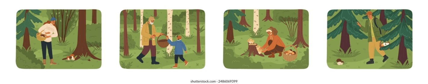 People picking mushrooms cartoon scene vector illustration