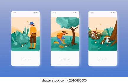 People picking mushrooms in forest. Mobile app screens, vector website banner template. UI, web site design.