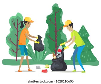 People picking organic, glass and plastic trash in garbage bag. Volunteers collecting and sorting trash in forest. Man and woman cleaning, helping environment. Vector illustration in flat style