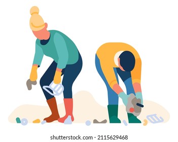 People picking plastic litter. Environment cleaning concept