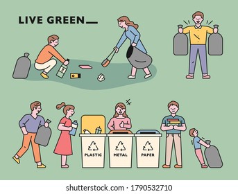 People are picking up trash and collecting them together. flat design style minimal vector illustration.