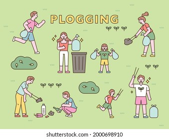 People Are Picking Up Trash In The Park. Flat Design Style Minimal Vector Illustration.