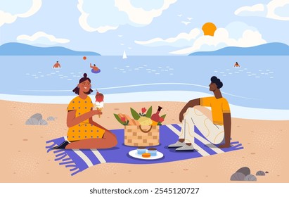 People with picnic by sea. Man and woman with ice cream sitting on sandy beach. Love, passion and romance. Happy couple on romantic date at coastline. Flat vector illustration