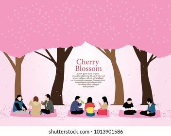 People Picnic Cherry Blossom, Hanami Festival, Sakura, Pink Tree, Background Template, Spring, Blooming