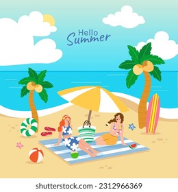 people picnic on beach vector. woman, surf board, coconut tree, enjoy summer vacation, relax, chill have fun.