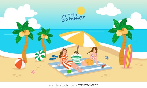 people picnic on beach vector. woman, surf board, coconut tree, enjoy summer vacation, relax, chill have fun.