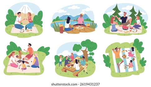 People picnic on nature. Family and friends with dog eat food on summer nature, couple romantic lunch in park garden table or mountain outdoor recreation classy vector illustration original artwork