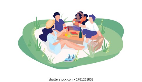 People at a picnic. People performing outdoor leisure activities - friends at picnic. Families and couples having lunch. Flat cartoon vector illustration. Isolated background