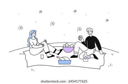 People at picnic simple. Man and woman with romantic meeting and date outdoors. Chicken and vegetables. Couple and pair in love. Doodle flat vector illustration isolated on white background