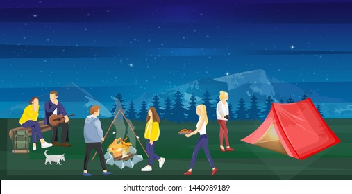 People at a picnic Vector flat style. Night camping park nature outdoors background