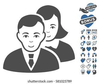 People pictograph with bonus amour design elements. Vector illustration style is flat iconic cobalt and gray symbols on white background.