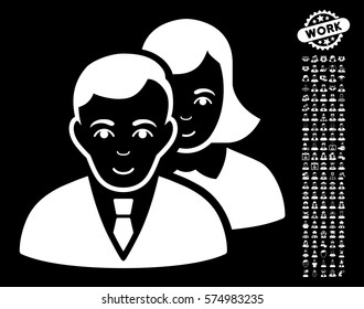 People pictograph with bonus occupation pictograms. Vector illustration style is flat iconic white symbols on black background.