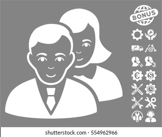 People pictograph with bonus setup tools images. Vector illustration style is flat iconic white symbols on gray background.
