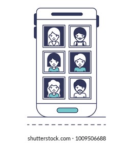 people picture profiles social network in smartphone screen in blue color sections silhouette