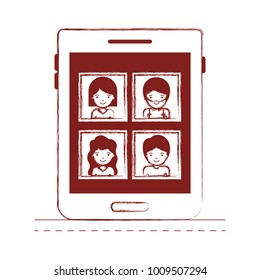 people picture profiles social network in tablet device screen in dark red blurred silhouette