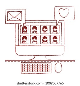 people picture profiles social network in desktop computer screen with dialogues mail and heart in dark red blurred silhouette