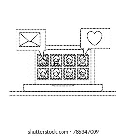people picture profiles social network in laptop screen with dialogues mail and heart in monochrome dotted silhouette