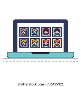 people picture profiles social network in laptop screen in colorful silhouette
