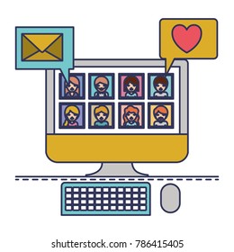 people picture profiles social network in desktop computer screen with dialogues mail and heart in colorful silhouette