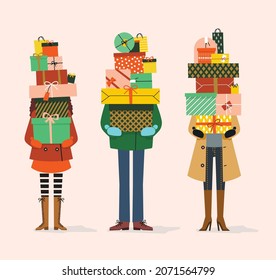 People with Pile of Gifts in hands. Vector illustration