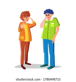 People Pinch Something Stinks Bad Odor Vector. Man And Woman Pinching Nose With Fingers And Closed Eyes Expression Negative Odor. Characters Emotion Dirty Smell Flat Cartoon Illustration