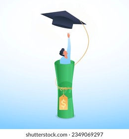 people pinned in rolls of money trying to reach the graduation cap metaphor of the high cost of education
