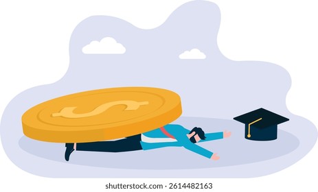 people pinned in rolls of money trying to reach the graduation cap metaphor of the high cost of education

