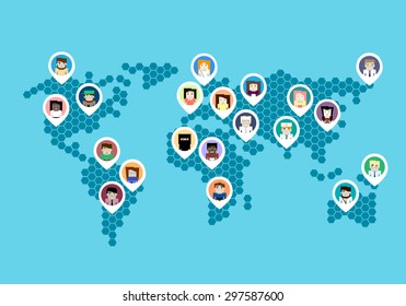 People pins on vector hexagonal worldmap