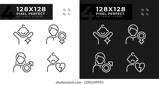 People pixel perfect linear icons set for dark, light mode. Character archetypes. Anima and animus. Family members. Thin line symbols for night, day theme. Isolated illustrations. Editable stroke