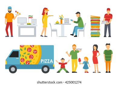 People in a Pizzeria interior flat icons set. Cashier, Customers, Bistro, Waiters, Delivery, Car. Pizza concept web vector illustration. 