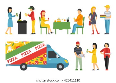 People in a Pizzeria interior flat icons set. Pizza concept web vector illustration. Cashier, Deliveryman, Customers, Bistro, Waiters, Delivery, Car