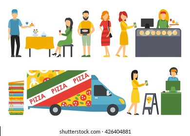 People in a Pizzeria interior flat icons set. Pizza concept web vector illustration. Cashier, Customers, Bistro, Waiters, Delivery, Car