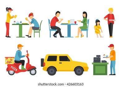People in a Pizzeria interior flat icons set. Pizza concept web vector illustration. 