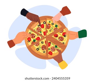 People in pizzeria. Overhead view of hands take slices of pizza from wooden tray. Italian food. Arms holding meal pieces. Friends party. Pepperoni eating. Family lunch