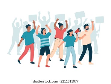 Personas con pancartas, pancartas y megáfonos en la manifestación. Multitud furiosa de hombres y mujeres en desfile, piquete o huelga. Activistas, protesta pacífica por los derechos, manifestación. Ilustración vectorial plana aislada