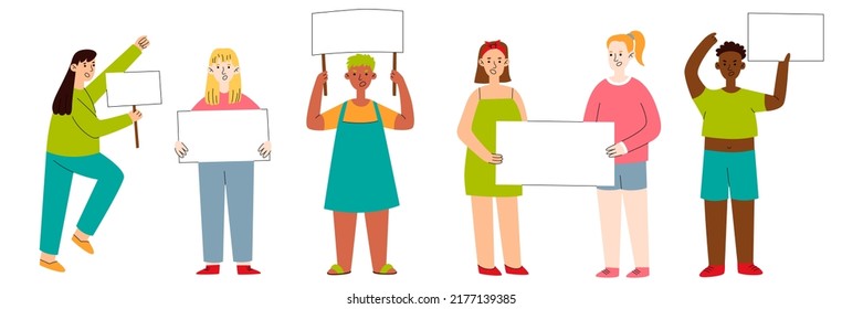 People with placards. Activists, political person holding protest banner. Feminism girl, vote or demonstration group utter vector characters.