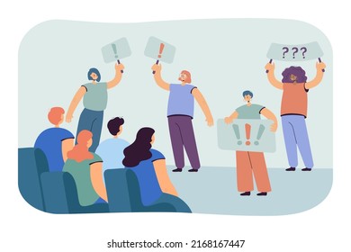 People with placards and banners calling audience for action. Men and women with exclamation point signs flat vector illustration. Social awareness, demonstration, freedom concept for website design